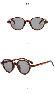 Front and side view of round leopard print sunglasses with classic grey lenses
