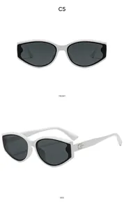 Detail view of white cat-eye sunglasses model C5 with silver G-shaped logo on the temple
