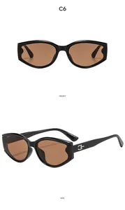 Detail view of cat eye sunglasses with wavy black frames and silver logo on the side