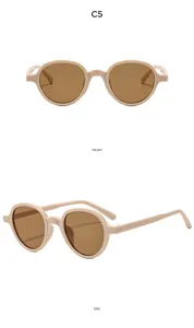 Front and side views of retro round beige sunglasses with dark brown lenses for women