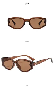 Front and side views of vintage amber cat-eye sunglasses with silver metal logo accents