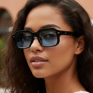 Square black sunglasses with light blue lenses and silver rivets for outdoor fashion