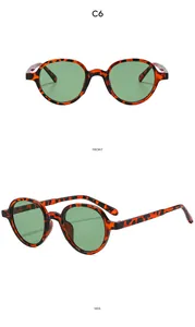 Detailed front and side views of C6 round leopard pattern retro sunglasses with green lenses