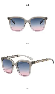 Detailed front and side views of oversized translucent sunglasses with bamboo metal temples