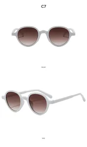 Close-up of white round sunglasses with brown gradient lenses from front and side views