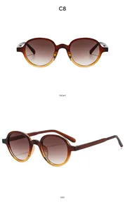 Front and side macro views of round retro sunglasses with brown gradient lenses
