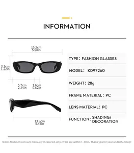 Detailed size specifications for cat-eye sunglasses with narrow black frame and PC material