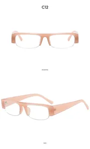 Gedetailleerd voor- en zijaanzicht van vintage nude roze halfrand zonnebril model C12