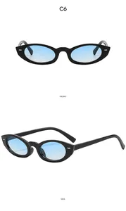 Vorder- und Seitenansicht der Retro-Cat-Eye-Sonnenbrille mit schwarzem Rahmen und blauen Gläsern