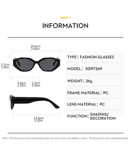 Size chart showing dimensions for small frame retro sunglasses with frame width 14.4cm