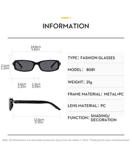 Detailed size specifications for square frame sunglasses with 14.8cm width and 21g weight