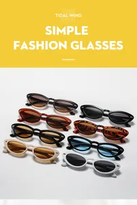 Detail view of oval retro sunglasses showing eight stylish color options and plastic frames