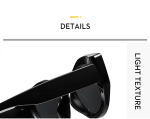 Detail view of smooth black glossy frame with wide temples on modern Y2K cat-eye sunglasses