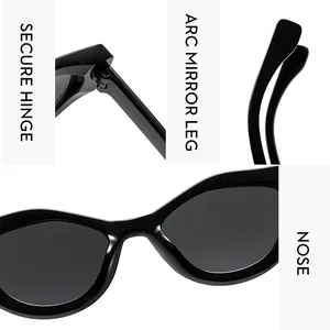 Detail view of secure metal hinges, arc mirror legs, and smooth nose pads on Y2K sunglasses