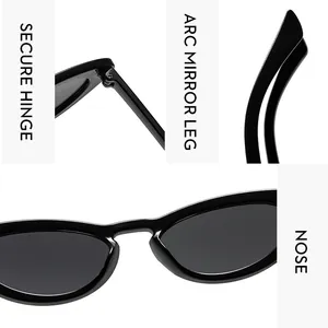 Detail view of retro oval sunglasses with secure hinges, arc mirror legs and nose pads