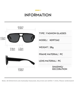 Detailed size chart for vintage pilot sunglasses showing frame width and lens dimensions