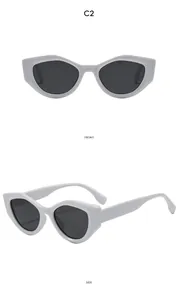 Front and side views of chunky grey Y2K cat-eye sunglasses with thick frames and dark lenses