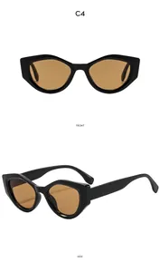 Front and side view of Y2K cat-eye sunglasses with black frame and orange lenses
