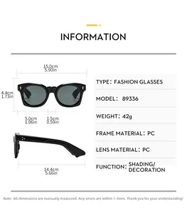 Size chart detail for Y2K square sunglasses with dimensions and PC frame specifications