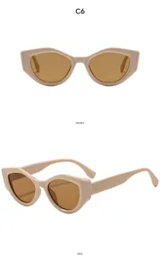 Front and side macro views of retro cat eye Y2K sunglasses with thick beige frames