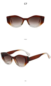 Detail view of retro cat-eye sunglasses with brown tortoiseshell frames and gradient lenses