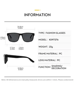 Detailed size chart and specifications for black square frame PC sunglasses model KD97276