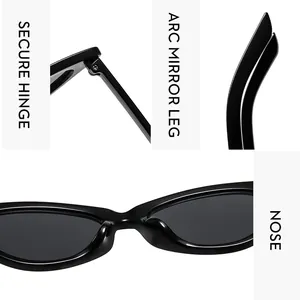 Détails des charnières métalliques, branches courbées et plaquettes de lunettes de soleil noires