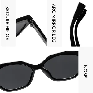 Détails des charnières métalliques et des branches ergonomiques des lunettes de soleil