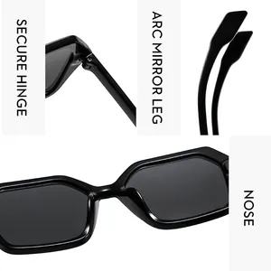 Détails des charnières métalliques, branches incurvées et plaquettes de lunettes de soleil
