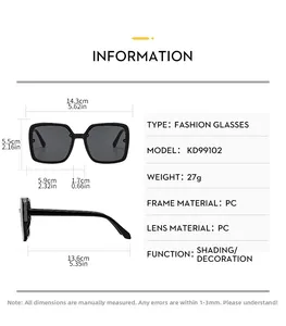 Size chart for Y2K oversized square sunglasses showing frame dimensions and PC material specs