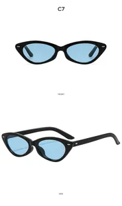Détail de lunettes de soleil œil de chat montrant les charnières argentées et verres bleus