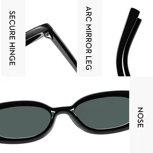 Detail view of oval sunglasses featuring sturdy hinges, curved temples, and comfy nose pads