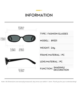 Detailed size chart for retro oval sunglasses showing frame width and temple length