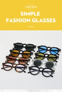 Présentation à plat de lunettes de soleil rondes rétro en noir, écaille et teintes orange