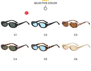 Vertical display of oval sunglasses in six retro colors with Y2K aesthetic style