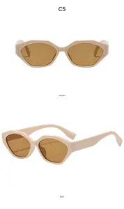 Vues de face et de profil de lunettes de soleil œil de chat beiges à monture géométrique