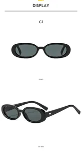 Front and side view of retro oval sunglasses with thick black frames and metal studs