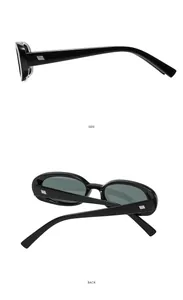 Detail view showing side and back of oval black sunglasses with silver accents
