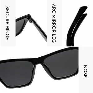 Detailed view of secure hinges, arc mirror legs and nose pads on black square sunglasses