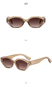 Vues détaillées avant et latérales de lunettes de soleil œil-de-chat polygonales marron