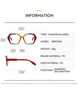 Detailed size chart for bicolor anti-blue light glasses with frame dimensions and weight