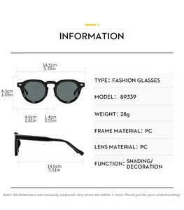 Dimensions détaillées des lunettes de soleil rondes rétro avec monture PC et verres gris