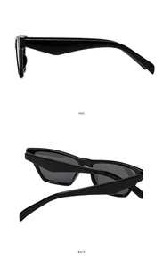 Side and back view of black wide-frame stylish sunglasses with dark grey UV lenses