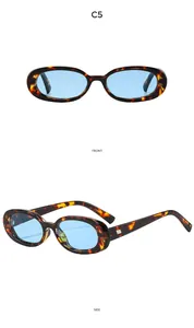 Detail view of oval retro sunglasses in tortoiseshell frame with light blue lenses