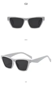 Front and side views of white rectangular hip-hop sunglasses with dark grey lenses
