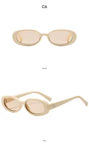 Front and side views of cream oval vintage sunglasses with brown lenses and metal studs