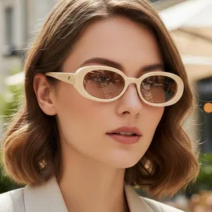 Retro oval beige sunglasses for women with brown lenses and UV protection