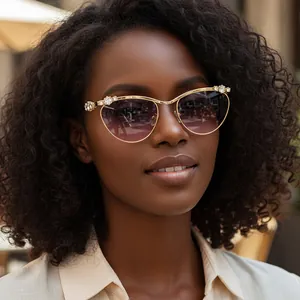 Damen Katzenaugen Sonnenbrille Strass Metallrahmen UV400 Verlauf Gläser Y2K Luxus Mode Outdoor Urlaub Brille