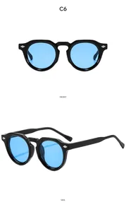 Vues de face et de profil de lunettes de soleil rondes rétro à verres bleus