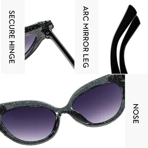 Detail view of cat-eye kids sunglasses showing secure hinges and silver glitter resin frame